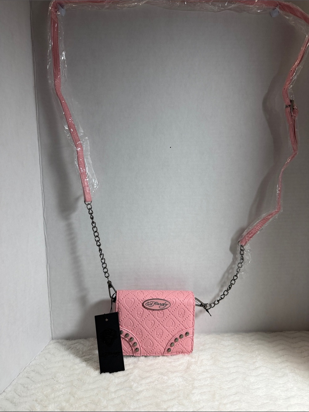 Ed Hardy Pink Heart-Quilted Crossbody with Chain Detail